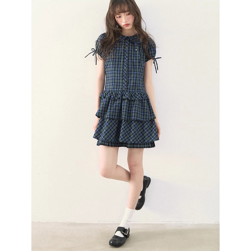 Blue and Green Checkered Tiered Dress