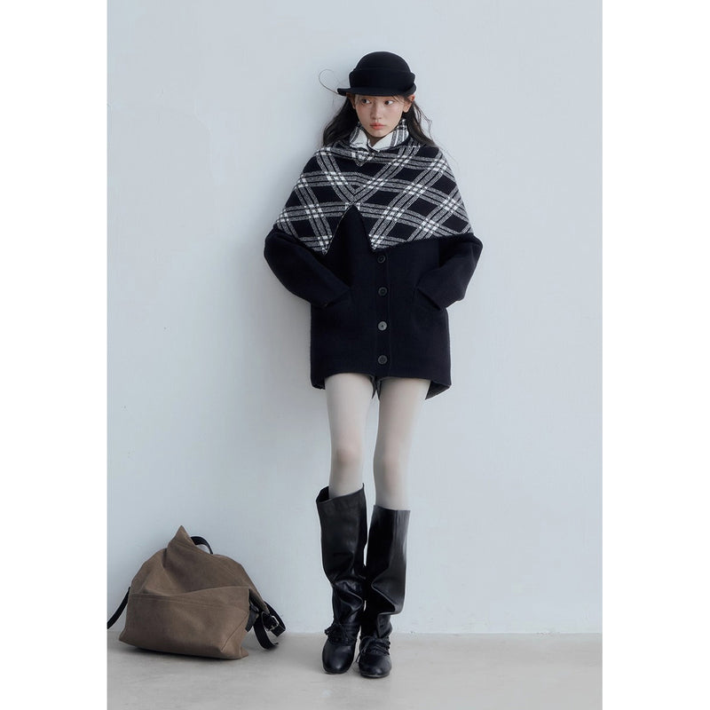 Checkered Cape and Black Knit Cardigan