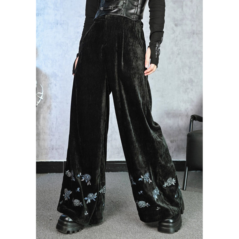 椿の花と鶯の刺繍ワイドパンツ