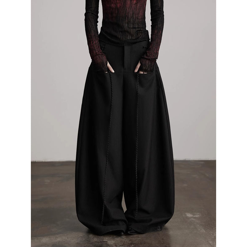 Black Wide Pants with Side Ribbon