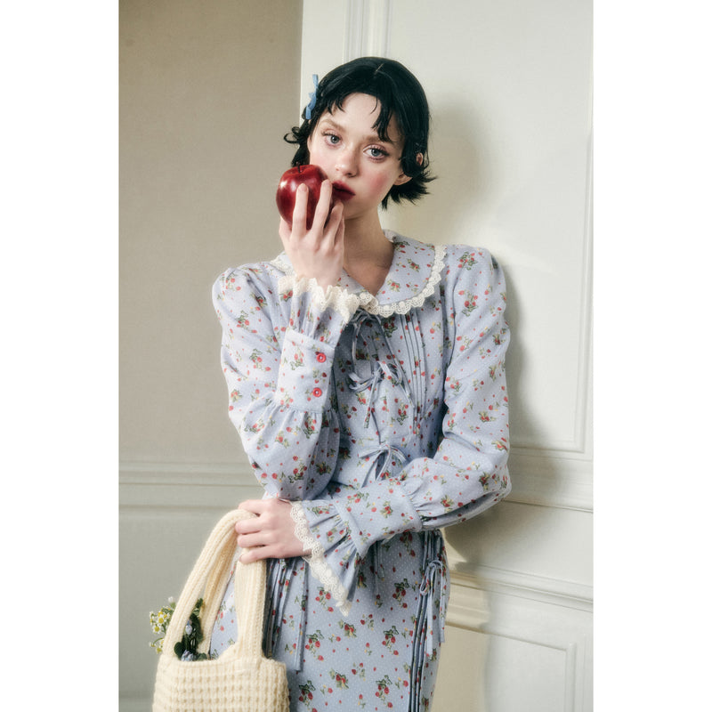 Sky Blue and Strawberry Patterned Blouse and Skirt