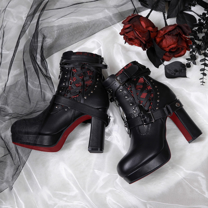 Gothic Lace Ribbon High Heel Boots