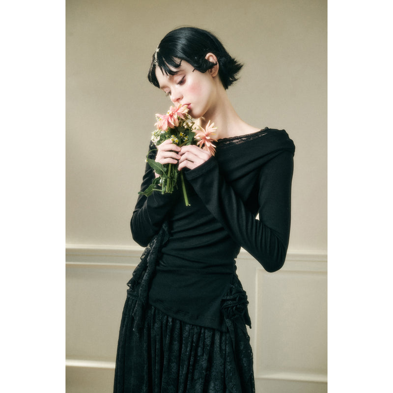 Rose Patterned Lace Top and Long Skirt - Black