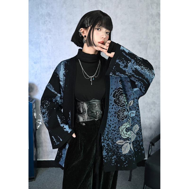 椿の花の刺繍アシンメトリーカーディガン