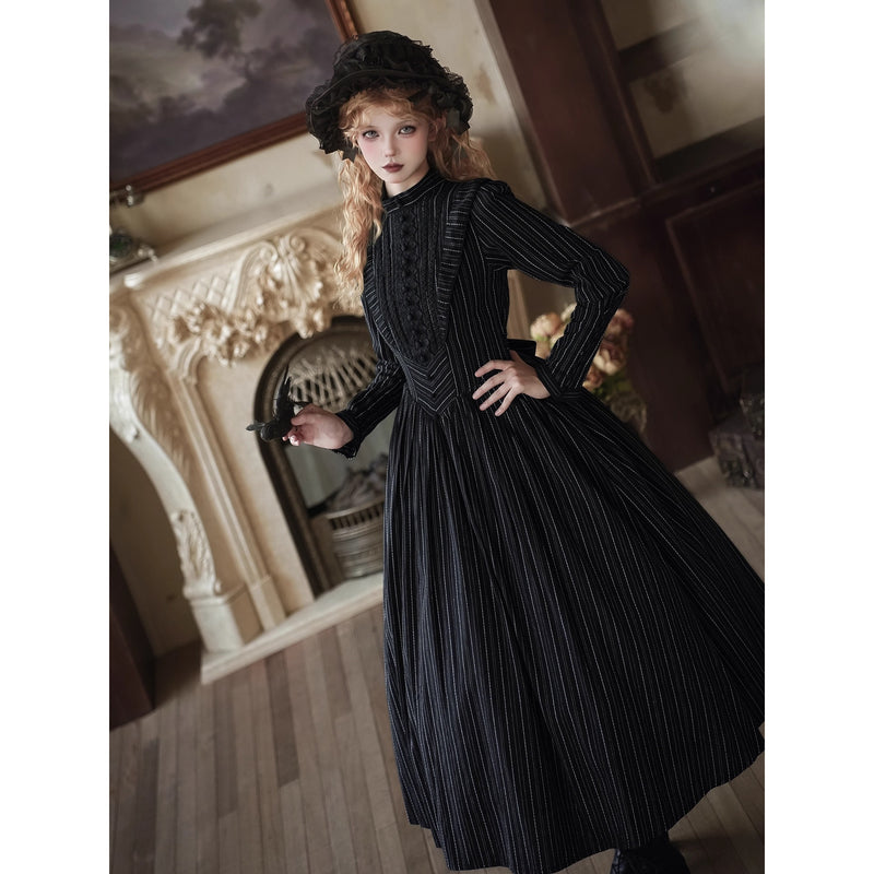 西洋令嬢の縦縞クラシカルワンピース - Black[2025年12月上旬-12月下旬発送予定]