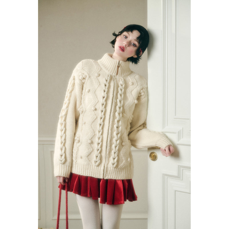 Hand-Knitted Cable Pattern Wool Knit Jacket