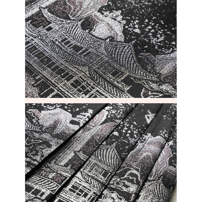 銀糸の風景画プリーツスカート