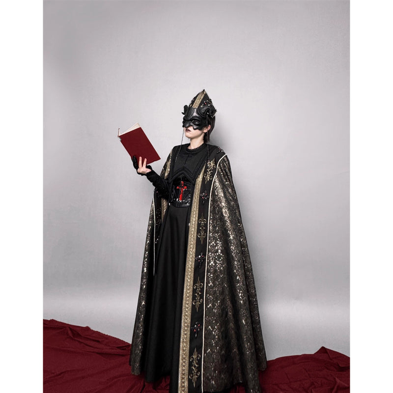 月夜の修道女の刺繍ロングマント - Black Gold[2025年12月上旬-2026年1月上旬発送予定]