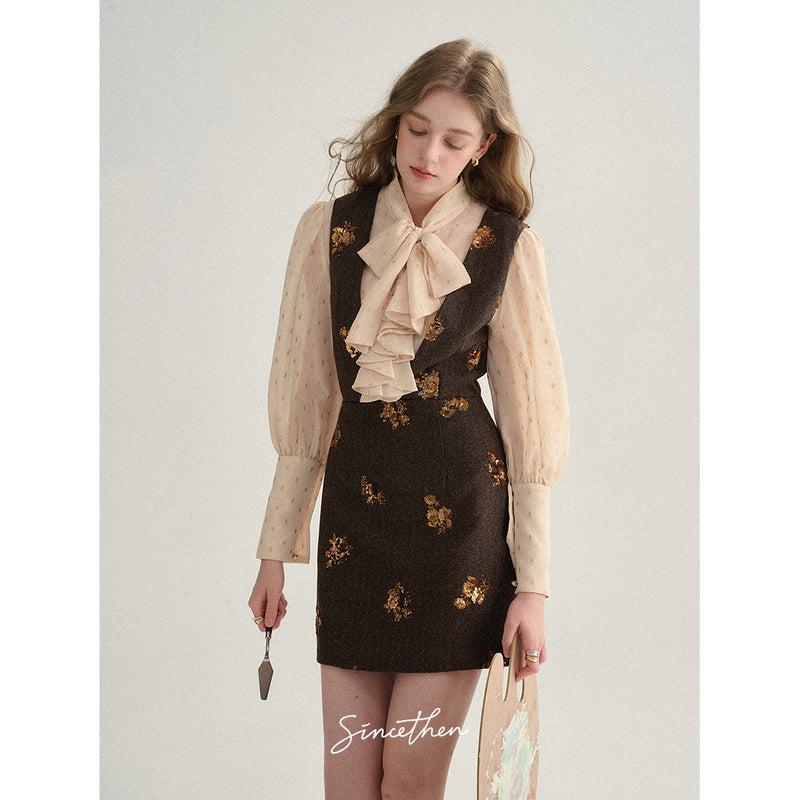 Brown Sequins Embroidered Jumper Skirt