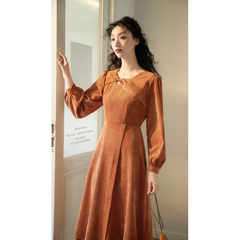 Orange Brown Corduroy Retro Dress