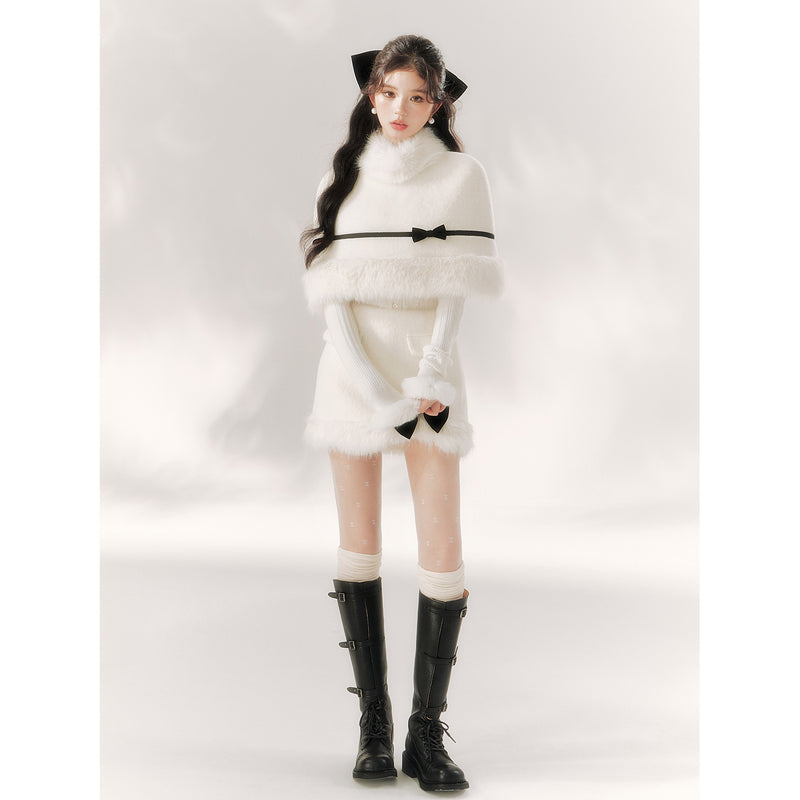 Pure White Ribbon Fur Cape and Skirt