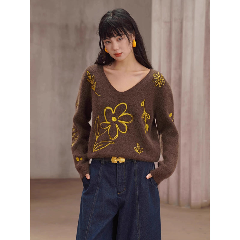 植物の刺繍ニットセーター