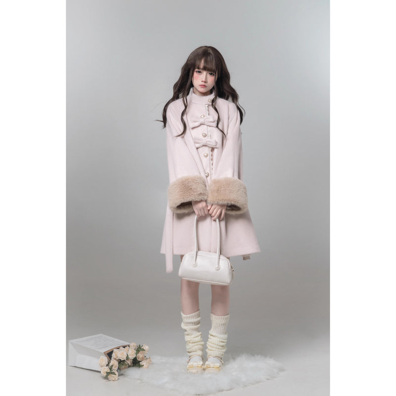 桜色のお嬢様のリボンファーウールコート
