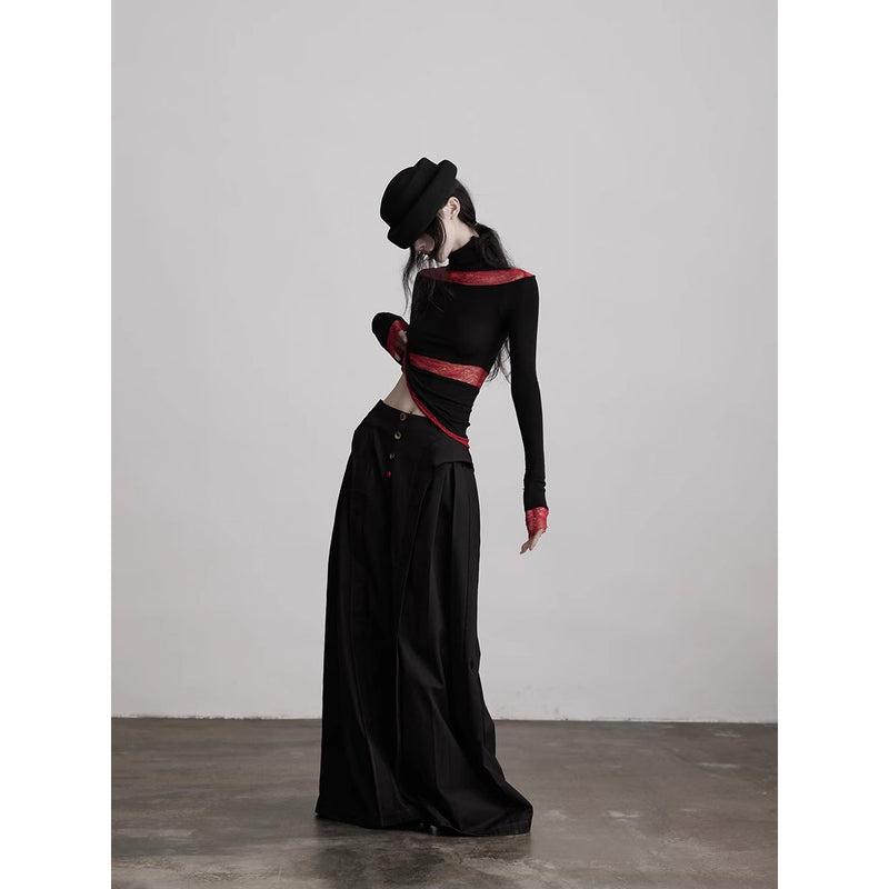 Black Red Turtleneck Knit Top
