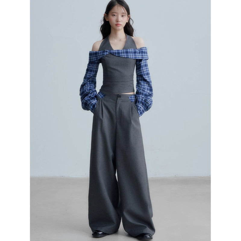 Checkered Off-the-shoulder Blouse and Grey Wide Pants
