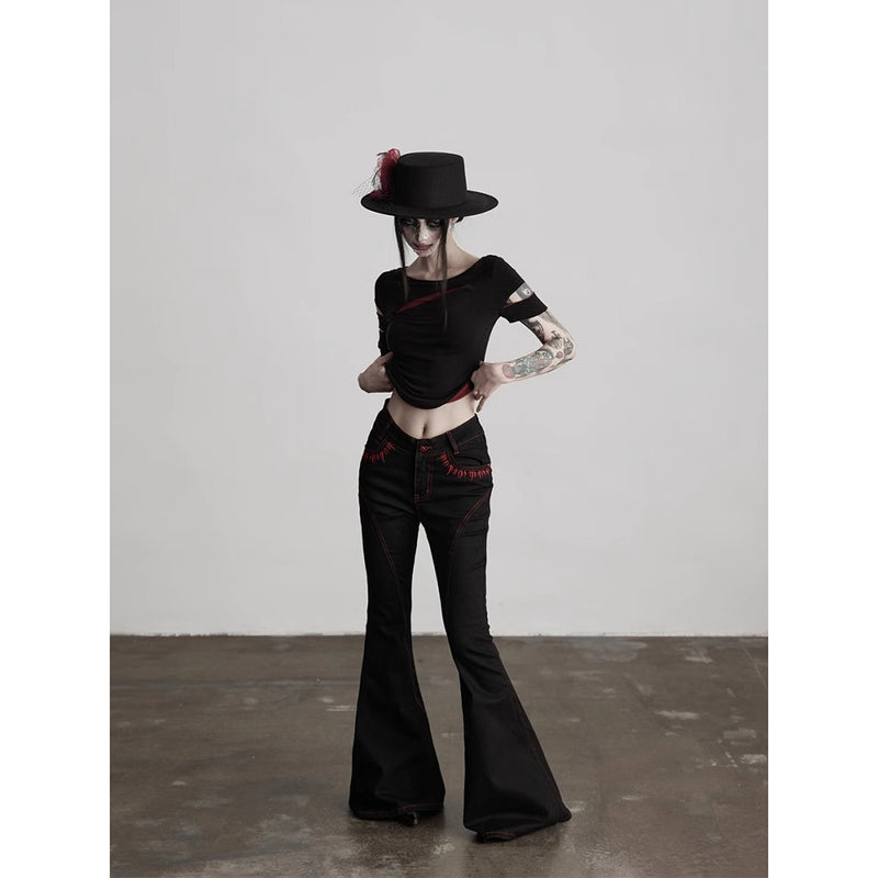 Punk Embroidered Flared Denim Pants