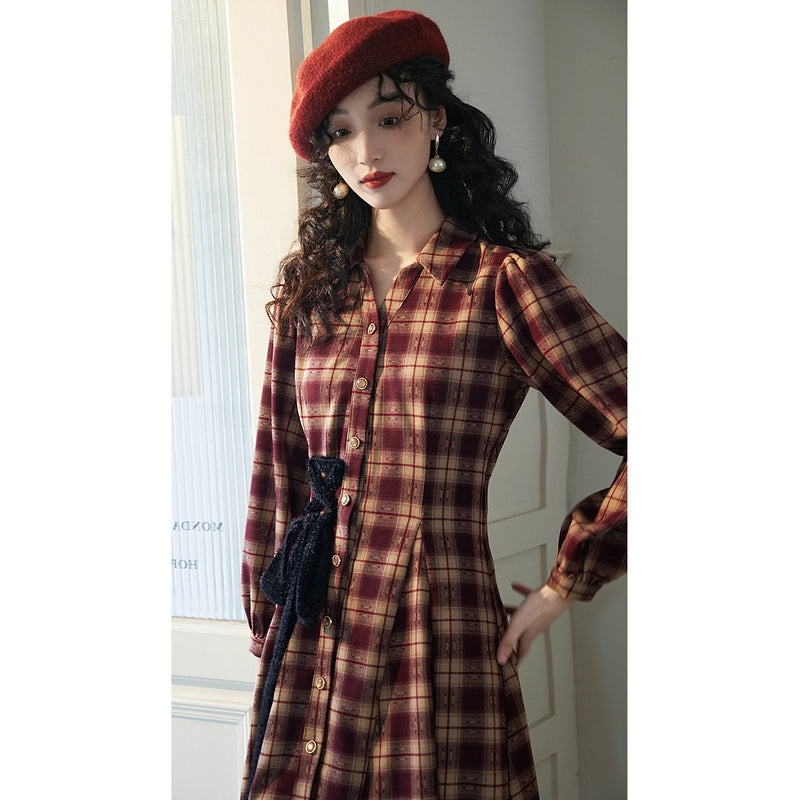 Reddish Bronze Plaid Retro Dress