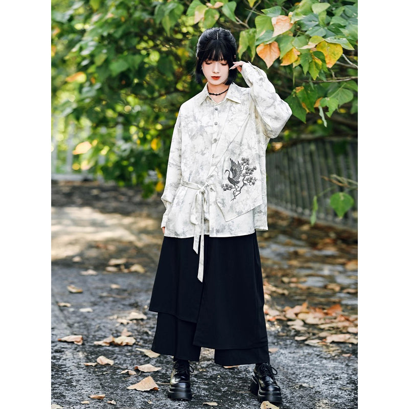 梢に留まる鶴の刺繍ブラウス - Ivory