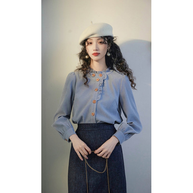 Gray Blue Ruffled Retro Blouse