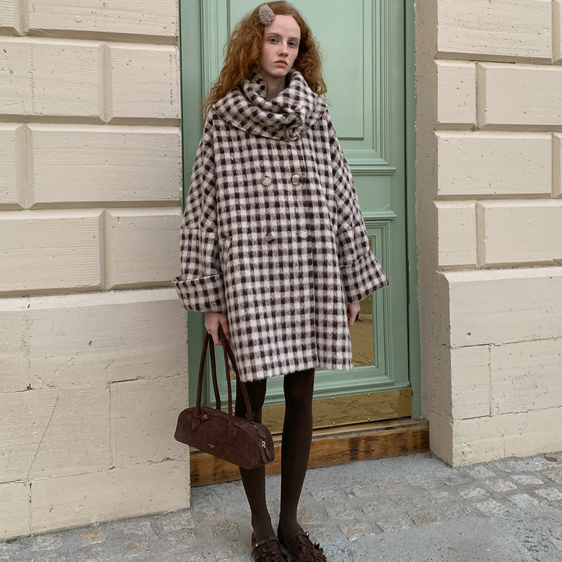 Dark Brown Plaid Snood Wool Coat