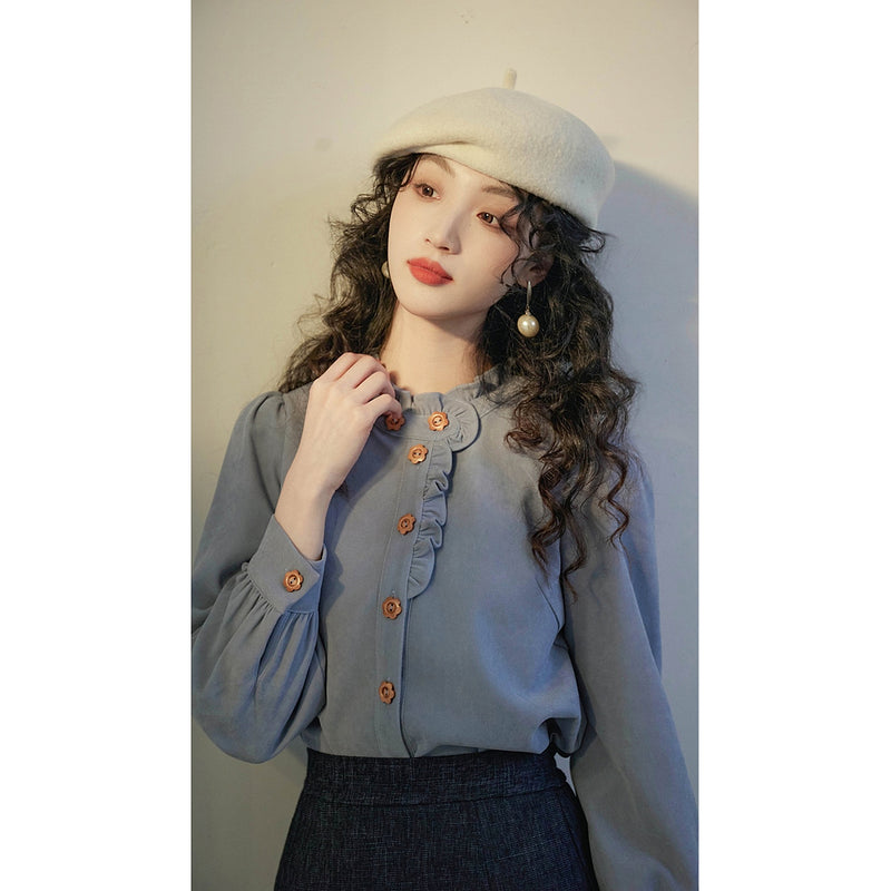 Gray Blue Ruffled Retro Blouse