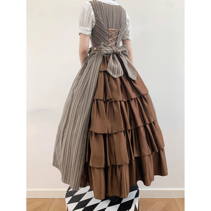 西洋令嬢の縦縞クラシカルジャンパースカート - Light Brown[2026年1月上旬-1月下旬発送予定]