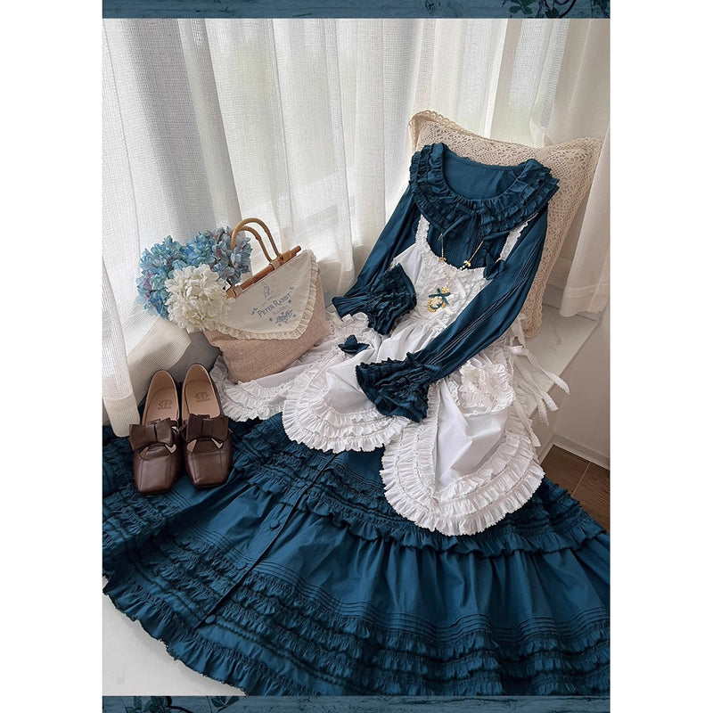 孔雀青のお嬢様のフリルトップスとティアードスカートとホワイトエプロン