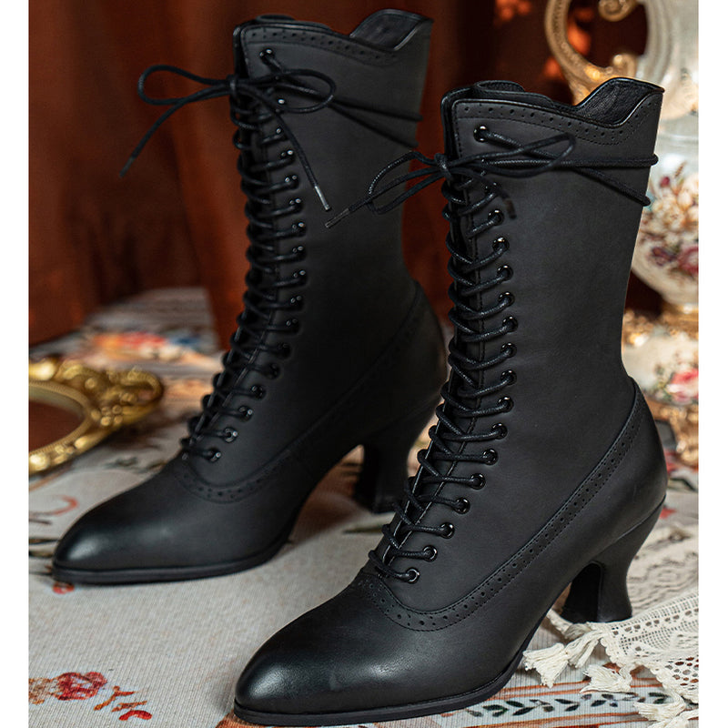 Victorian Pointed Toe Lace Up Boots - Black