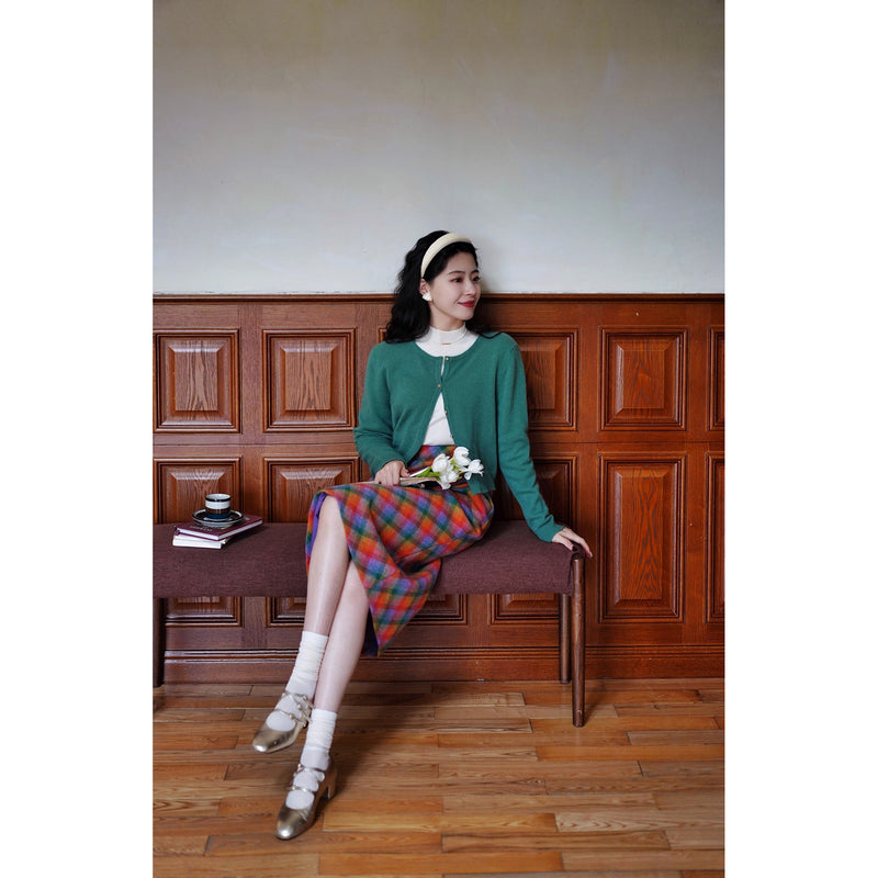 木漏れ日の格子柄ウールハーフスカート