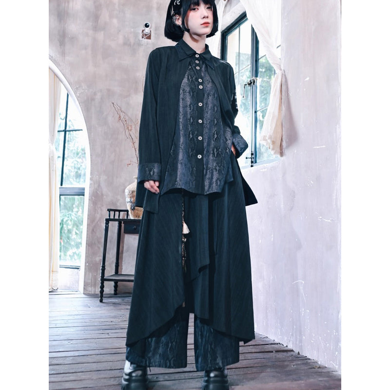 漆黒の蛇鱗ワイドドレープパンツ