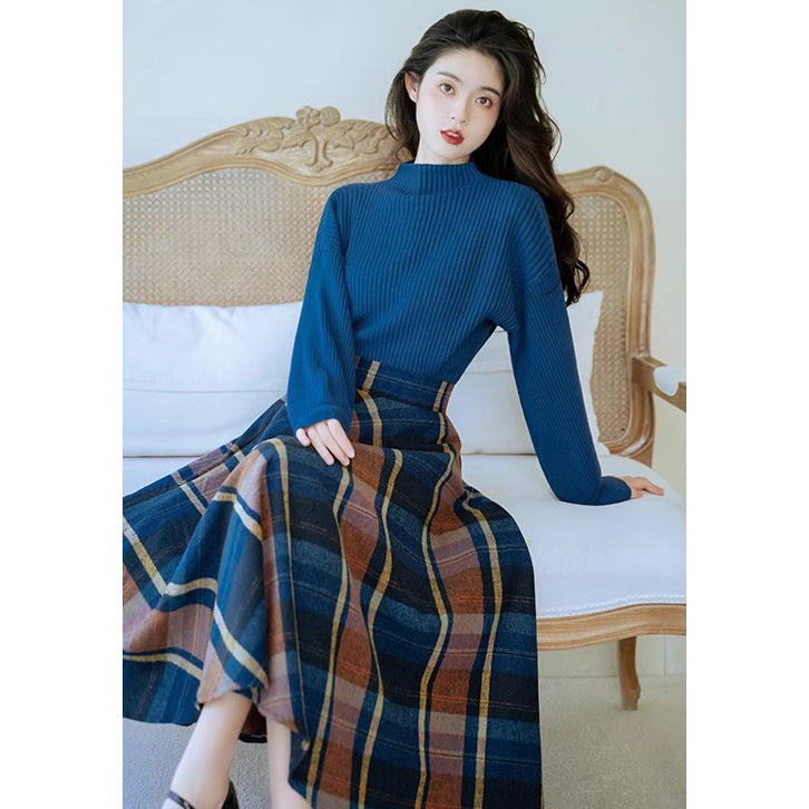 Blue-Brown Checkered Retro Skirt and Blue Knit Sweater