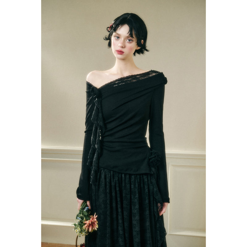 Rose Patterned Lace Top and Long Skirt - Black