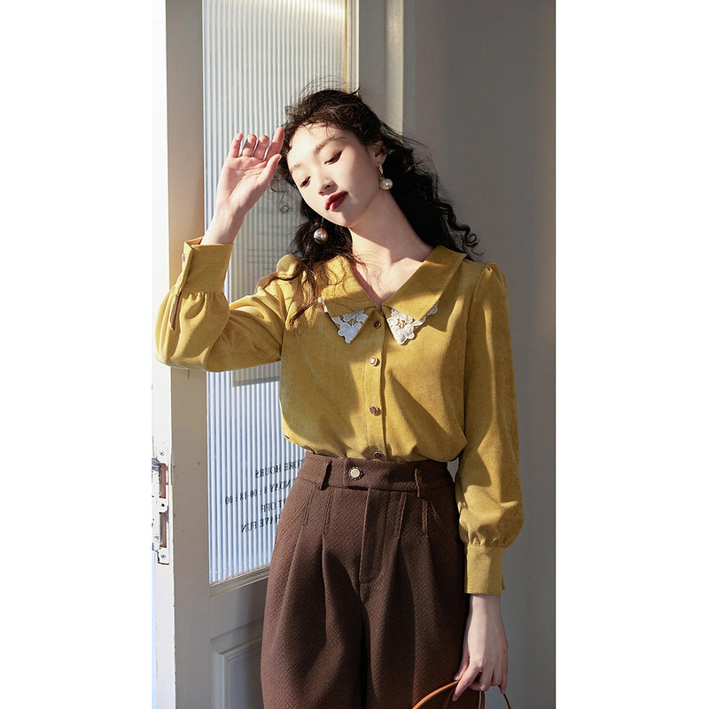 Yellow Floral Embroidered Corduroy Blouse