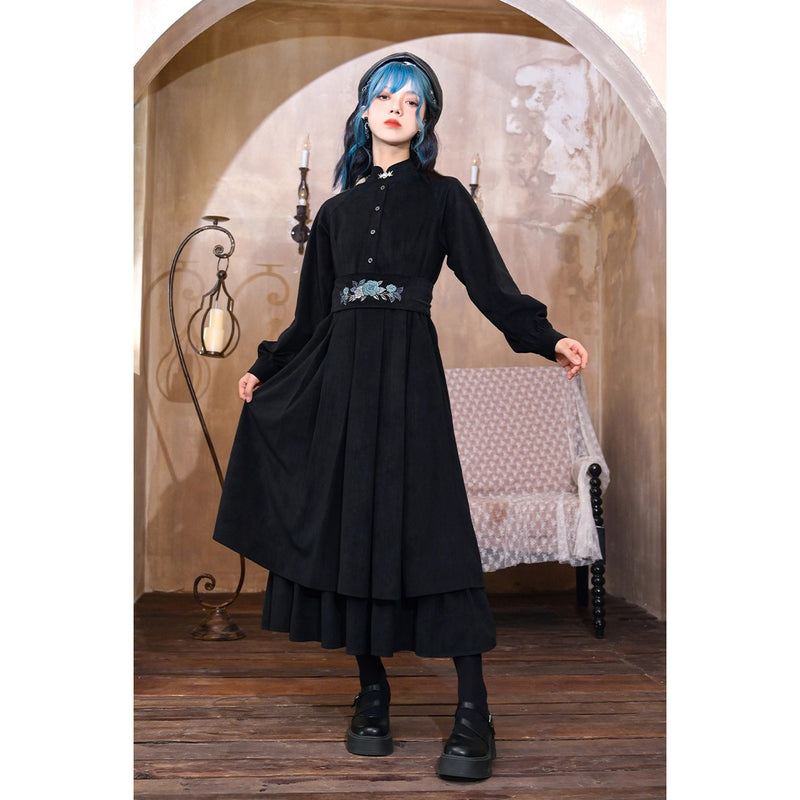 椿の花と鶯の刺繍コルセットワンピース