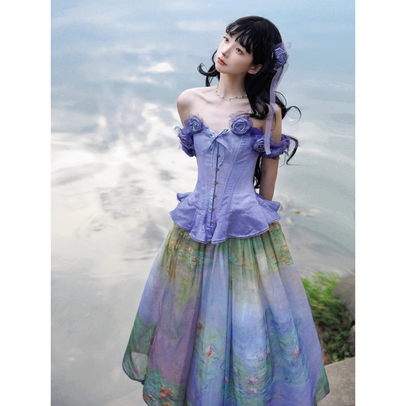 睡蓮の池の油彩画ビスチェとスカート - Ver2