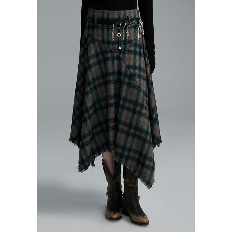 Dark Green Paid Shirt and Asymmetrical Skirt