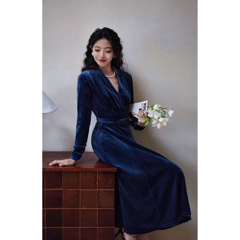 紺藍色の貴婦人ベルベットワンピース