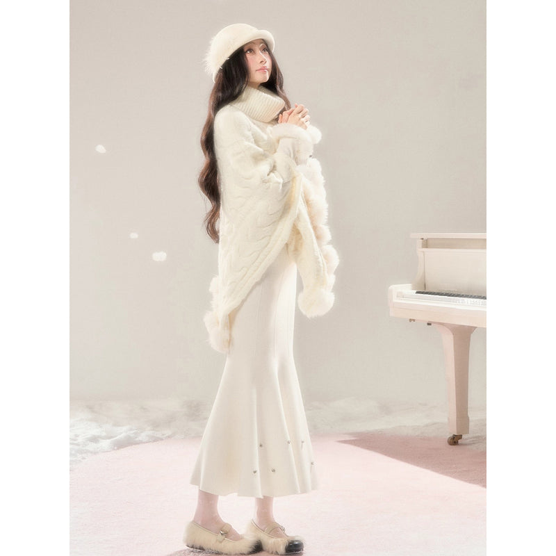 High-neck Knit Shawl Cape