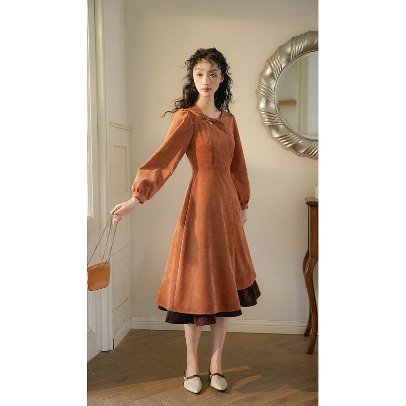 Orange Brown Corduroy Retro Dress