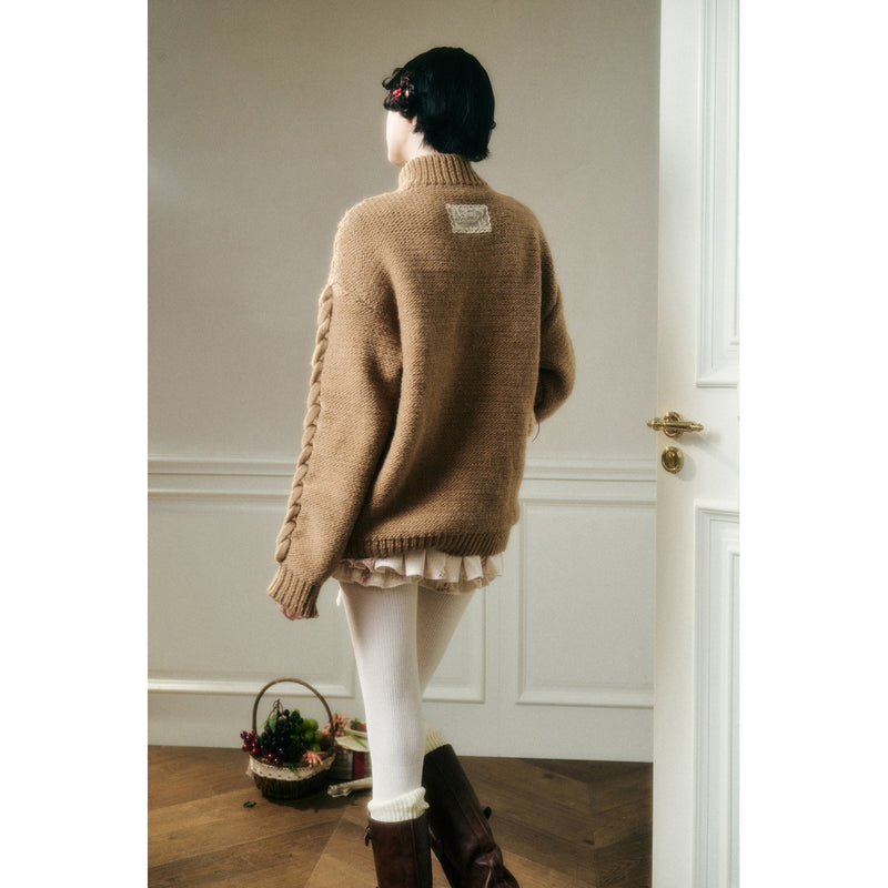 Hand-Knitted Cable Pattern Wool Knit Jacket