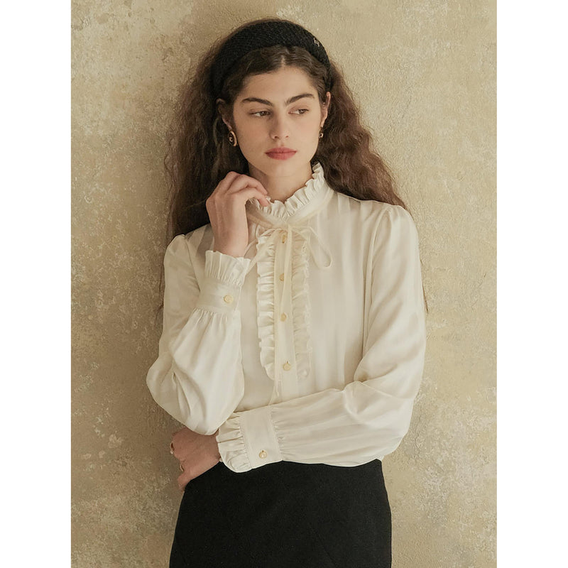 Classical Ruffled Striped Silk Blouse