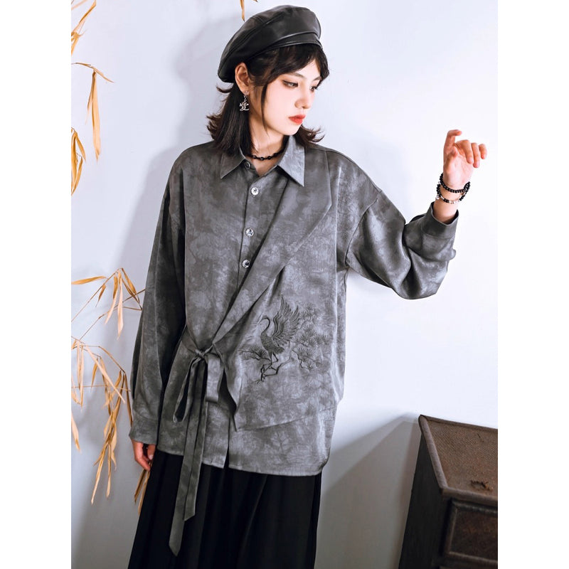 梢に留まる鶴の刺繍ブラウス - Gray