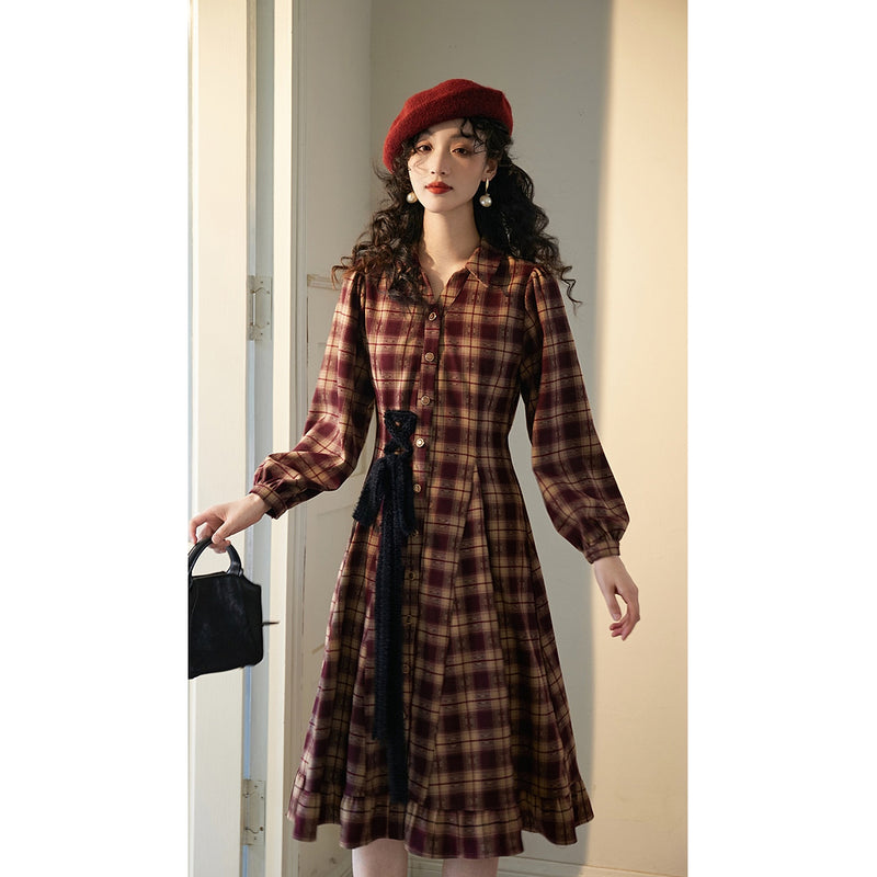 Reddish Bronze Plaid Retro Dress