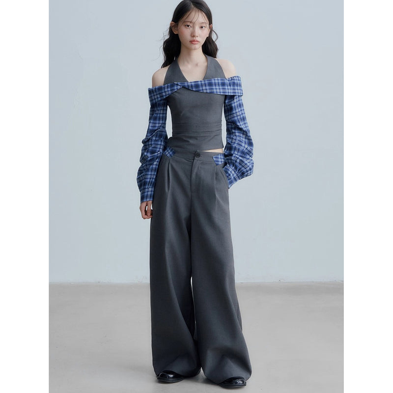 Checkered Off-the-shoulder Blouse and Grey Wide Pants