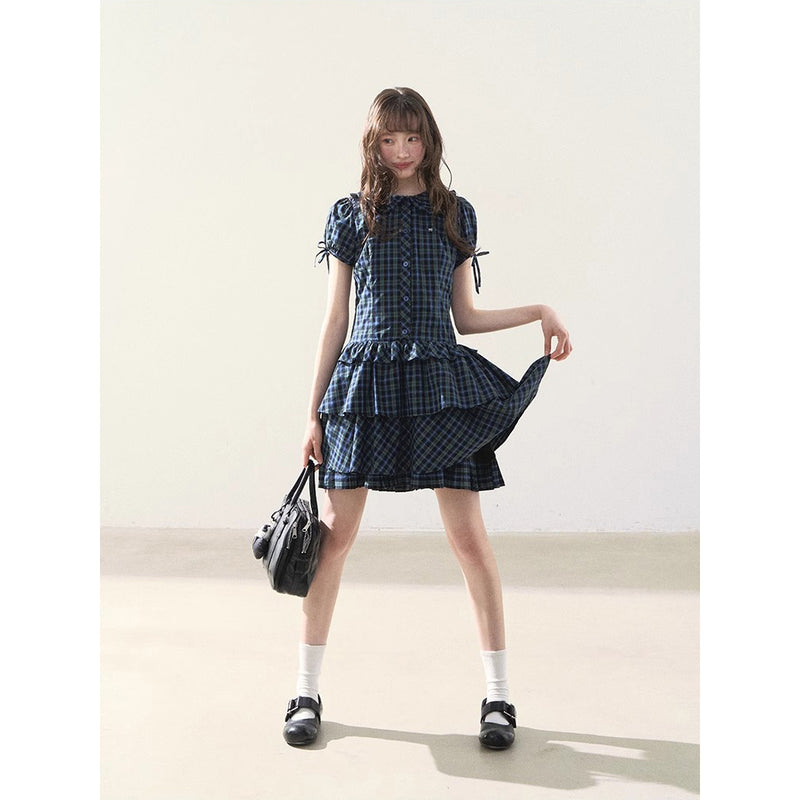 Blue and Green Checkered Tiered Dress