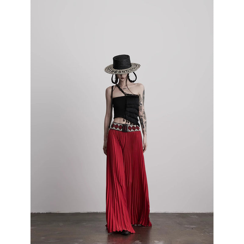 Ethnic Red Pleated Wide Pants