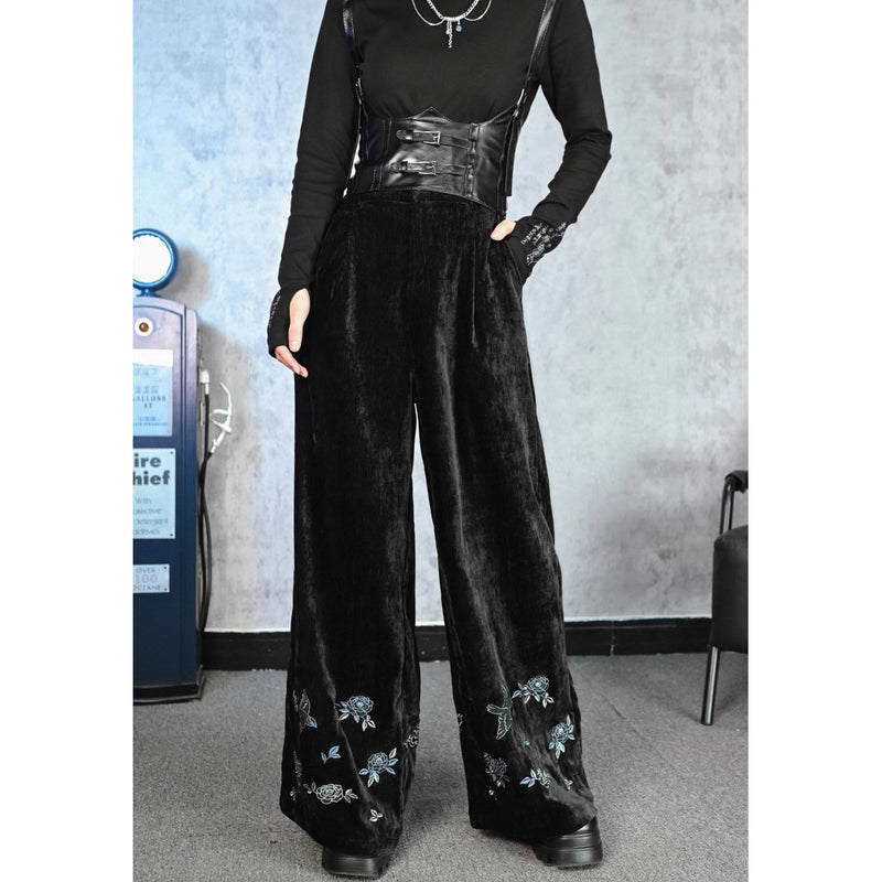 椿の花と鶯の刺繍ワイドパンツ