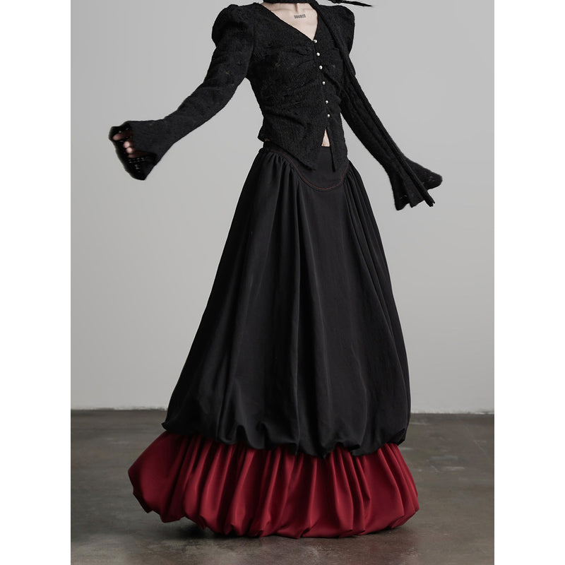 Black and Red Bicolor Layered Long Skirt