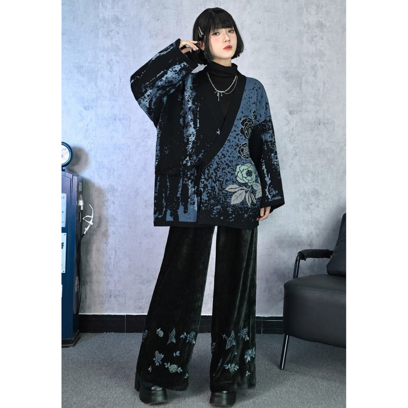 椿の花の刺繍アシンメトリーカーディガン