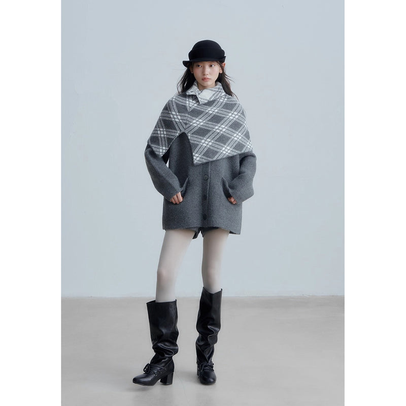 Checkered Cape and Grey Knit Cardigan